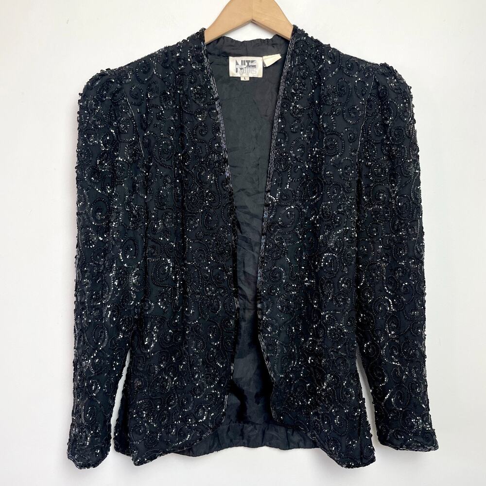 Vintage‎ 80s Sequin Beaded Silk Jacket Large Open Front Romantic Festival Gatsby